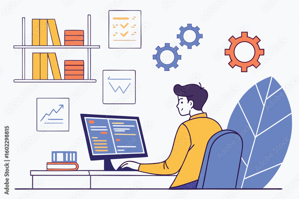 Poster professional working at a desk with computer and charts in a modern office setting, focusing on prod