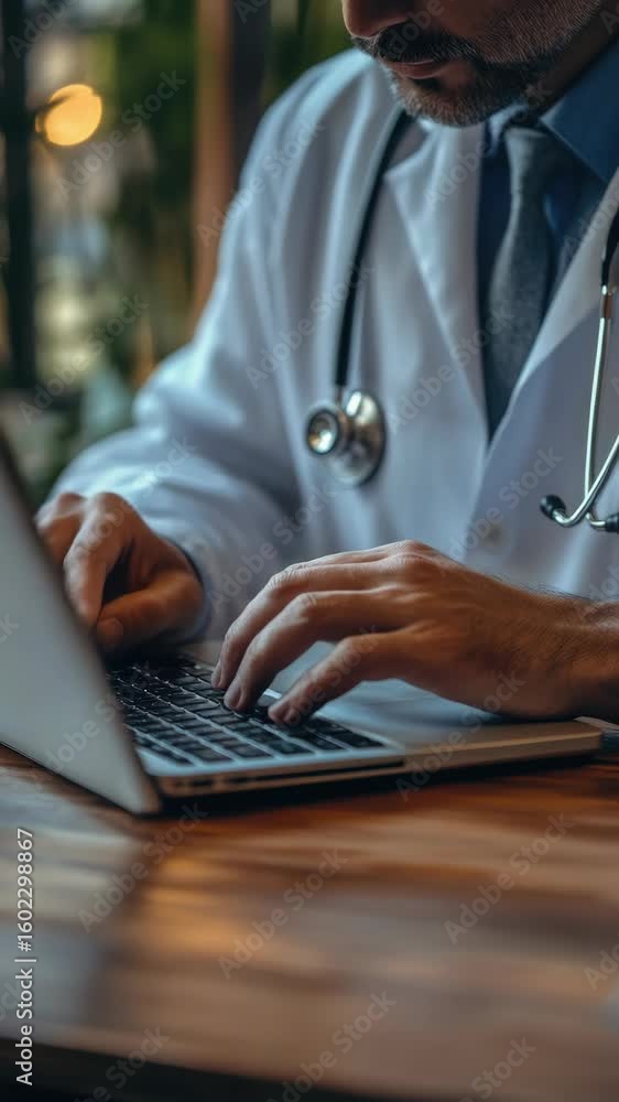 Poster physician using computer in modern workspace