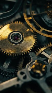 Detail view of antique gears and springs inside an old grandfather clock with a close-up focus on the cog mechanism.