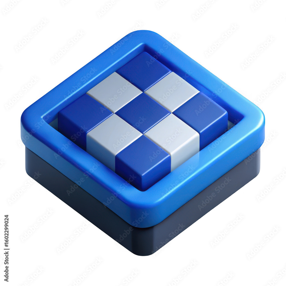 Poster 3d blue and white chessboard patterned box isolated on transparent background