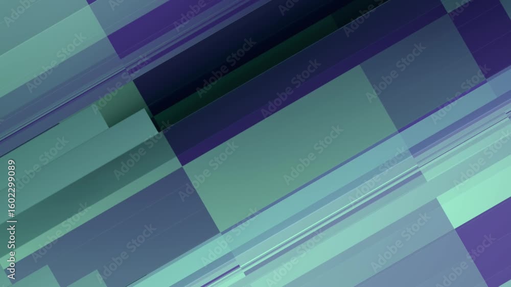 Poster loop animation of moving rectangles arranged in isometric order. cold blues, purples and greens domi
