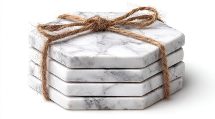 Stacked hexagonal marble coasters tied with twine (1)