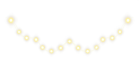 Glowing golden Christmas light garlands on transparent background. Festive PNG overlay