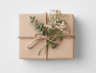 Simple gift box, tied with twine, adorned with flowers