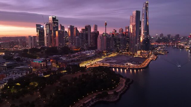 Aerial drone view of Barangaroo waterfront precinct and Sydney City, NSW Australia during an early morning sunrise in July 2025     