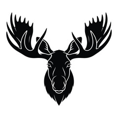 Silhouette of a bull moose with large antlers, depicted in a symmetrical black design