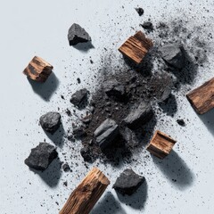 Charcoal fragments and wood pieces scattered