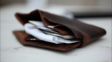 Open leather wallet, cards, receipts, table, bokeh