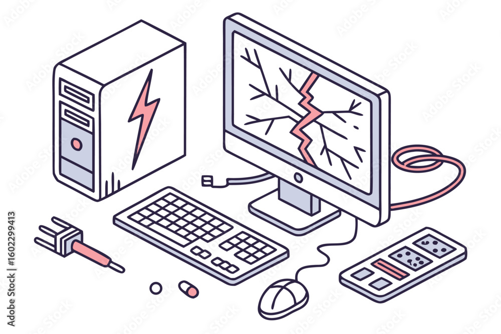 Poster computer hardware setup with broken monitor and tools showcasing repair work in a digital workspace