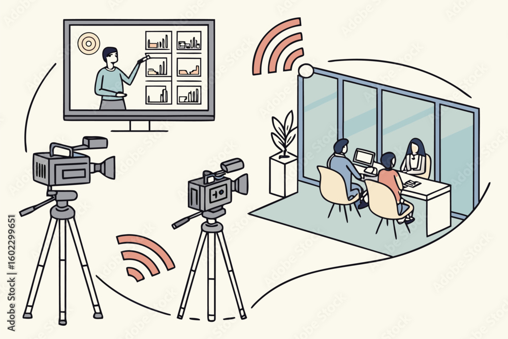Poster virtual meeting setup with video cameras and presentation screens for remote collaboration in a mode