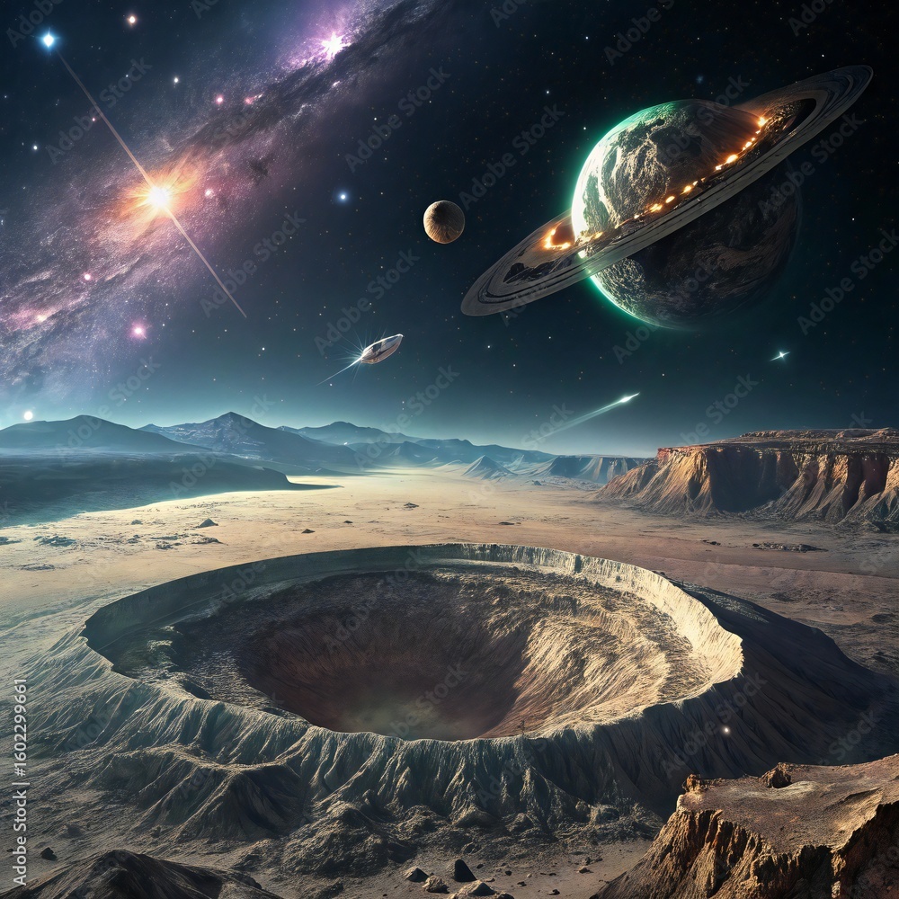 Wall mural alien spaceship hovering over a cratered alien planet with a nebula in the background