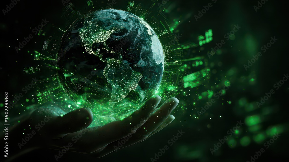 Aufkleber digital earth globe held in hand with green glowing data and particles in a dark background