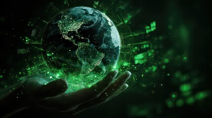 Obraz premium Digital earth globe held in hand with green glowing data and particles in a dark background