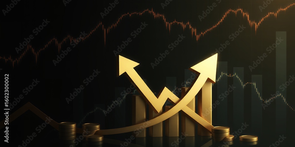 Poster golden arrows point upwards over rising bar graph and stock chart data