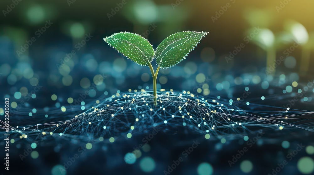 Aufkleber a seedling grows from a digital network with a blurred blue and yellow background in soft focus