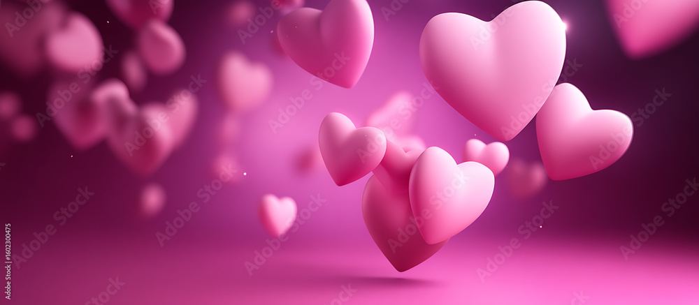 Poster pink heart shaped figures floating on a pink gradient background create a romantic and festive valen