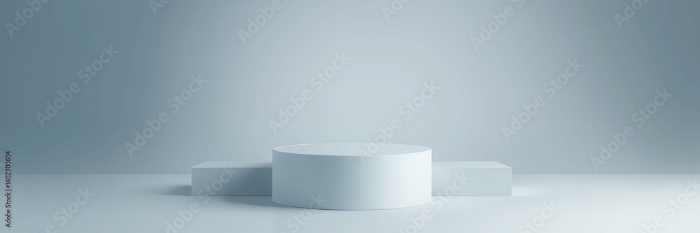 Poster minimalist display podiums featuring a cylindrical and two rectangular platforms against a soft grad