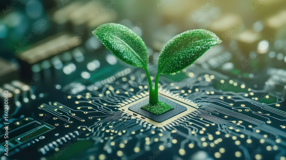 Aufkleber a seedling growing out of a microchip on a circuit board symbolizing technology and environment