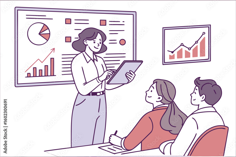 Poster business presentation with a speaker explaining data analytics to an engaged audience in a modern of