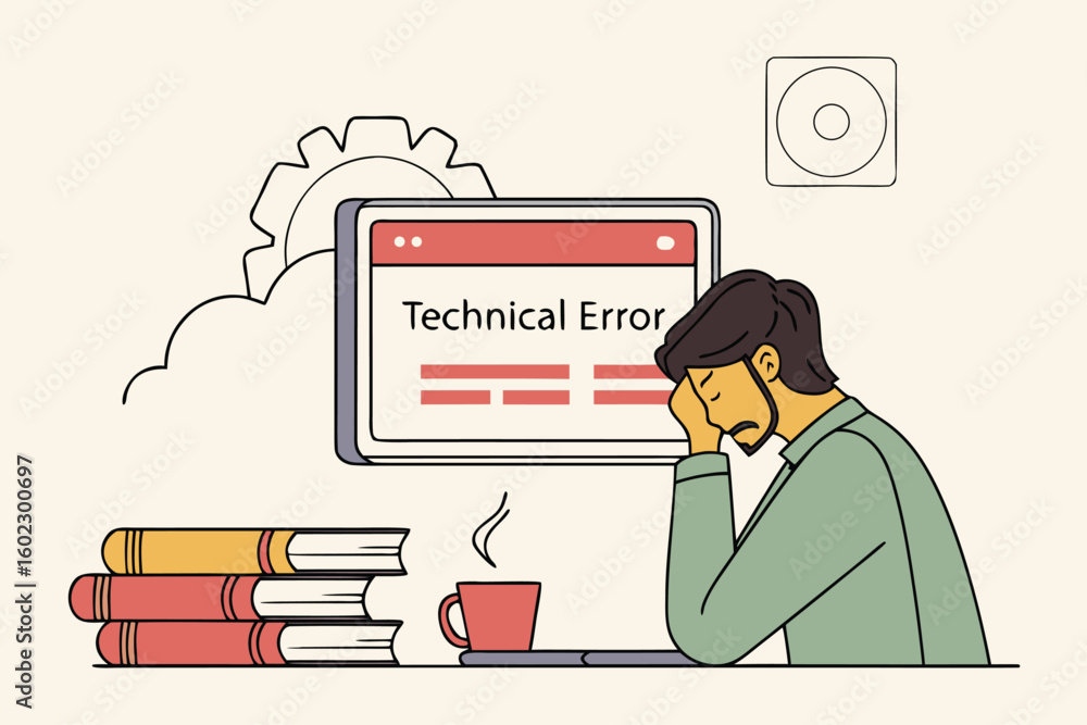 Poster frustration at a computer due to technical error during work hours with books and coffee on the desk