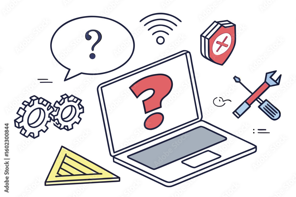 Poster laptop with question mark surrounded by elements representing technology and troubleshooting in a si