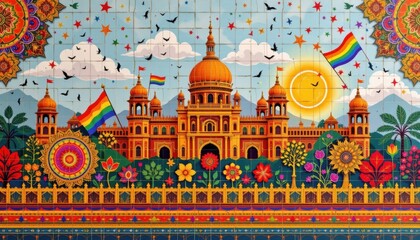 a cultural architectural lgbt pride background with indian palace silhouettes and pride inspired mandalas, in mosaic tiles forming pride themed patterns