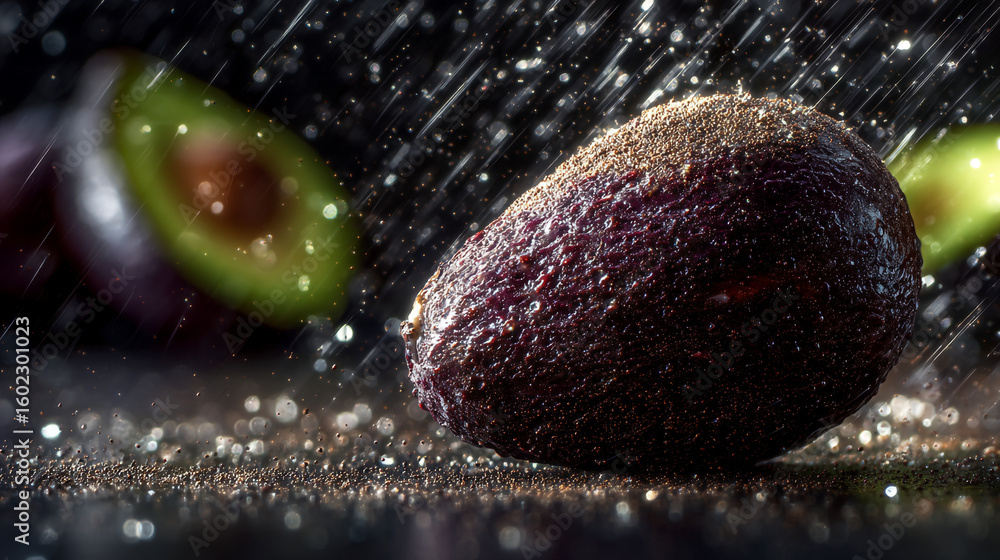 Poster close up of an avocado with water droplets and a sliced avocado in the background on a dark surface