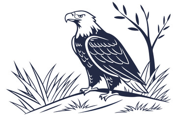 Fototapeta premium Majestic eagle perched on a rock surrounded by grass and plants in a natural setting during the day