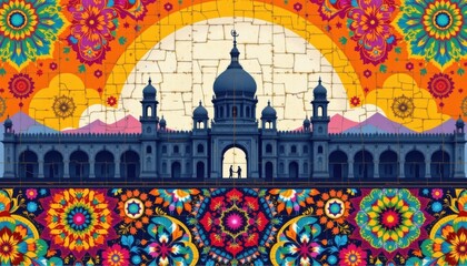 a cultural architectural lgbt pride background with indian palace silhouettes and pride inspired mandalas, in mosaic tiles forming pride themed patterns, used in cultural center pride invitations.