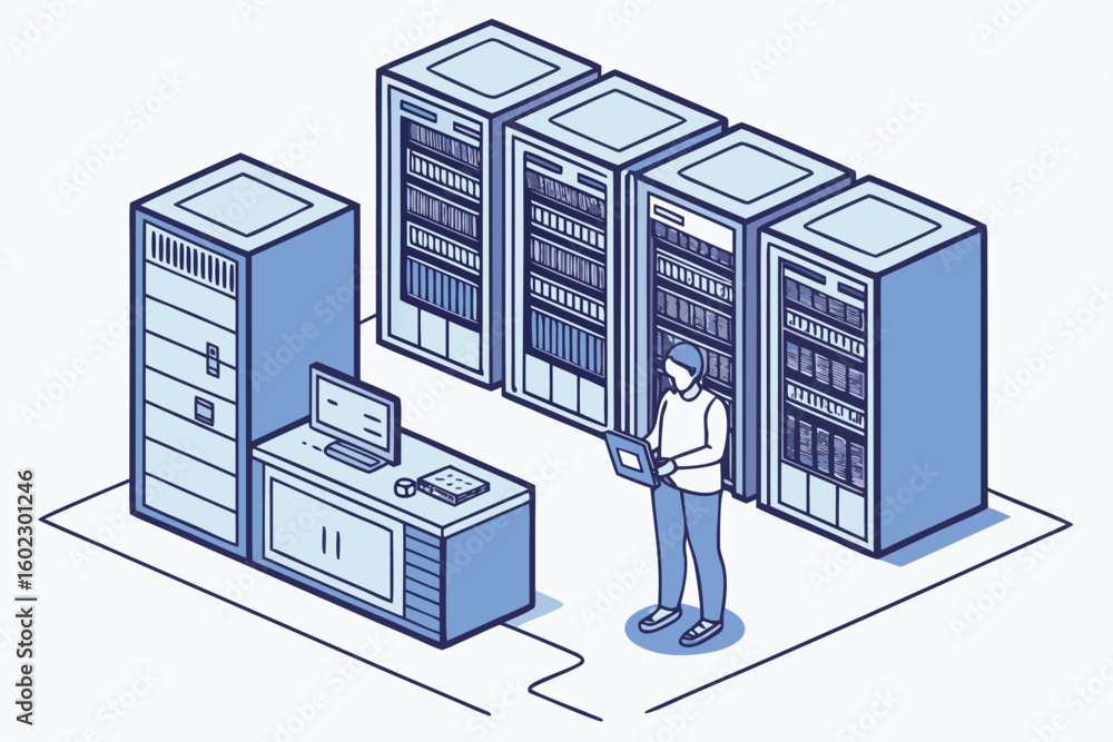 Aufkleber technician working in a server room, checking the configuration of computer servers and managing dat