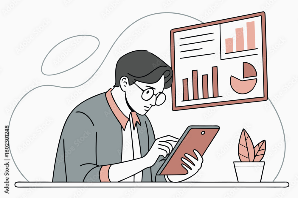 Poster working on a tablet while analyzing data in a modern office environment with charts and a plant