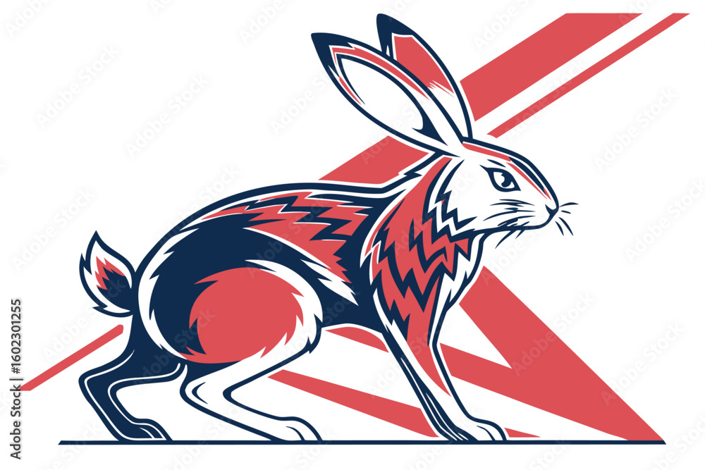 Poster stylish representation of a rabbit in an energetic pose featuring vivid colors and dynamic shapes, i