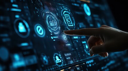 Finger touching a holographic interface with glowing blue icons and futuristic elements on a screen