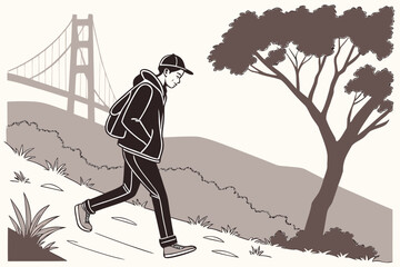 Fototapeta premium Man walking along a path in nature with a view of the Golden Gate Bridge on a sunny day