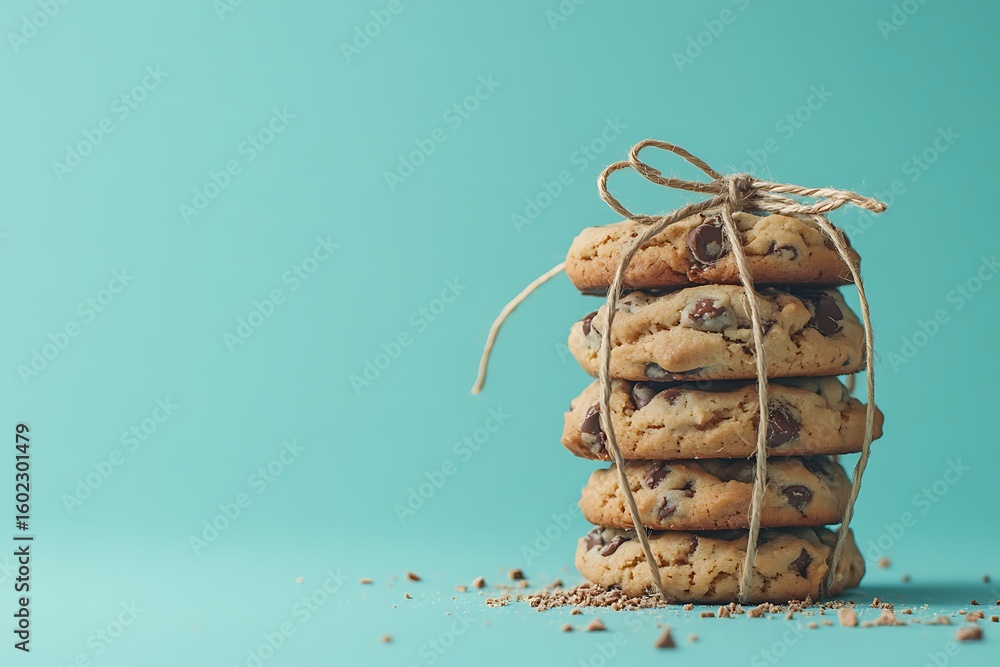 Poster a stack of chocolate chip cookies with visible chunks and crumbs, tied with rustic string, isolated 