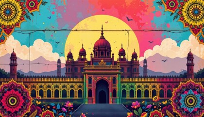 a cultural architectural lgbt pride background with indian palace silhouettes and pride inspired mandalas, on hand painted ceramic textures, for heritage conscious pride posters.
