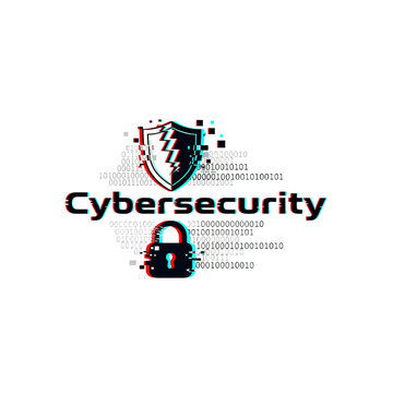 A glitch distorted digital style logo for "Cybersecurity" with a shield icon, a lock, and binary code elements