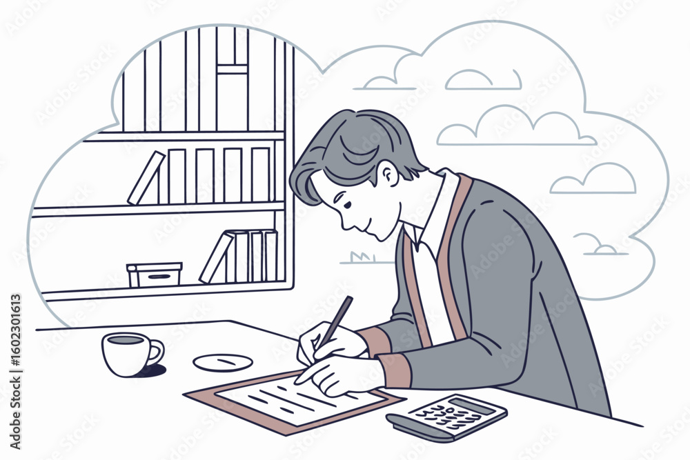 Poster man engaged in focused writing session at a study table with books, coffee, and calculator in a simp