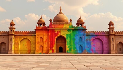 a cultural architectural lgbt pride background with indian palace silhouettes and pride inspired mandalas, on polished sandstone walls with soft rainbow overlays