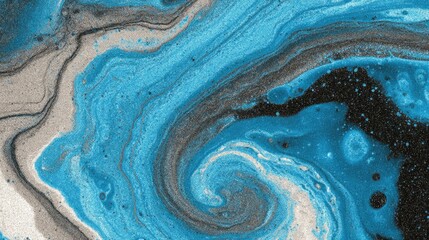 Abstract swirling fluid painting in shades of teal, grey, and black.  The vibrant colors blend and create a mesmerizing, organic texture with speckled details