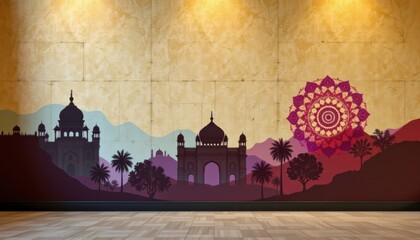 a cultural architectural lgbt pride background with indian palace silhouettes and pride inspired mandalas, on polished sandstone walls with soft rainbow overlays