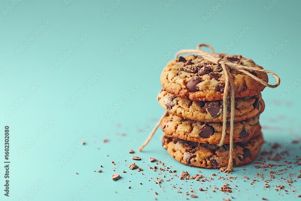 Poster a stack of chocolate chip cookies with visible chunks and crumbs, tied with rustic string, isolated 
