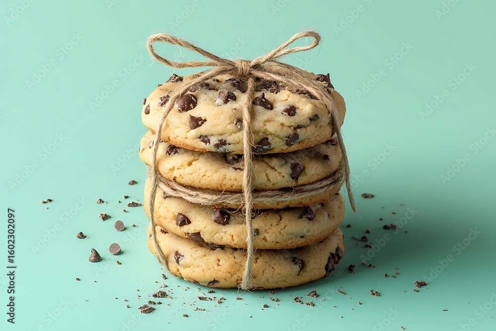 Poster a stack of chocolate chip cookies with visible chunks and crumbs, tied with rustic string, isolated 