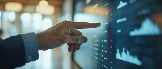 Businessman hand pointing at digital financial chart, analyzing data on interactive screen, modern office environment, focus on technology and growth, professional, success, innovation