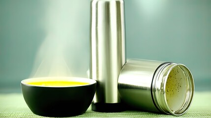 Steaming tea, thermos, bowl, kitchen, green background, food