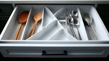 Organized kitchen drawer with utensils, cutlery, dividers