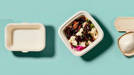Eco-friendly takeout containers, food, blue background, studio shot
