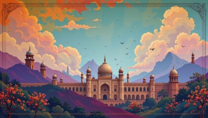 a cultural architectural lgbt pride background with indian palace silhouettes and pride inspired mandalas, with fresco inspired pride murals, used in unity themed pride murals.