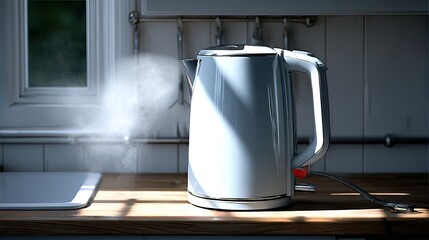 Kitchen kettle steaming on countertop, sunlight