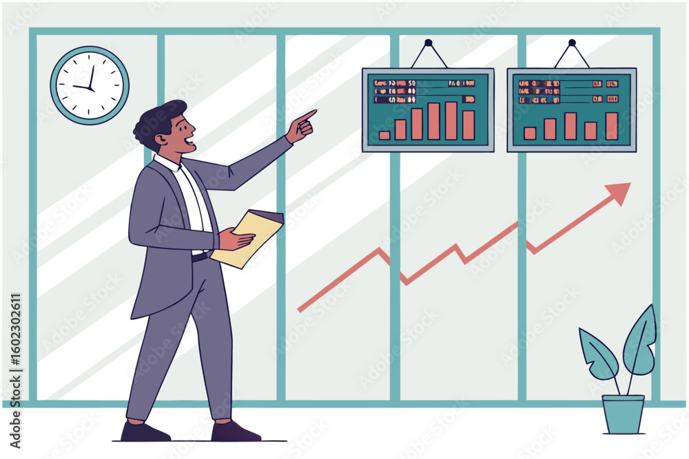 Poster business professional presenting market data through charts in an office setting while discussing pe